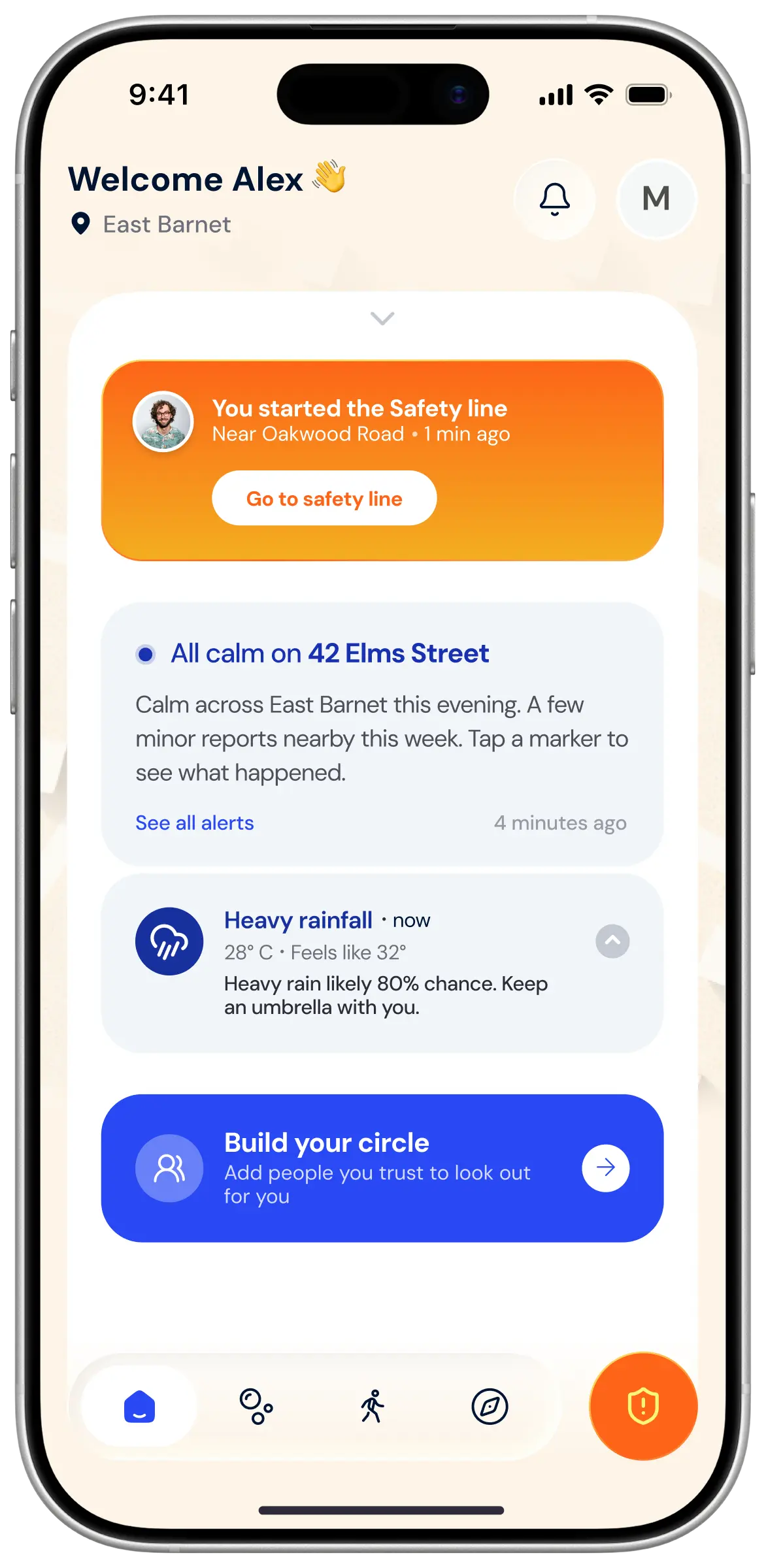 Glome app: Build your circle. The Pulse screen showing your trusted neighbours
