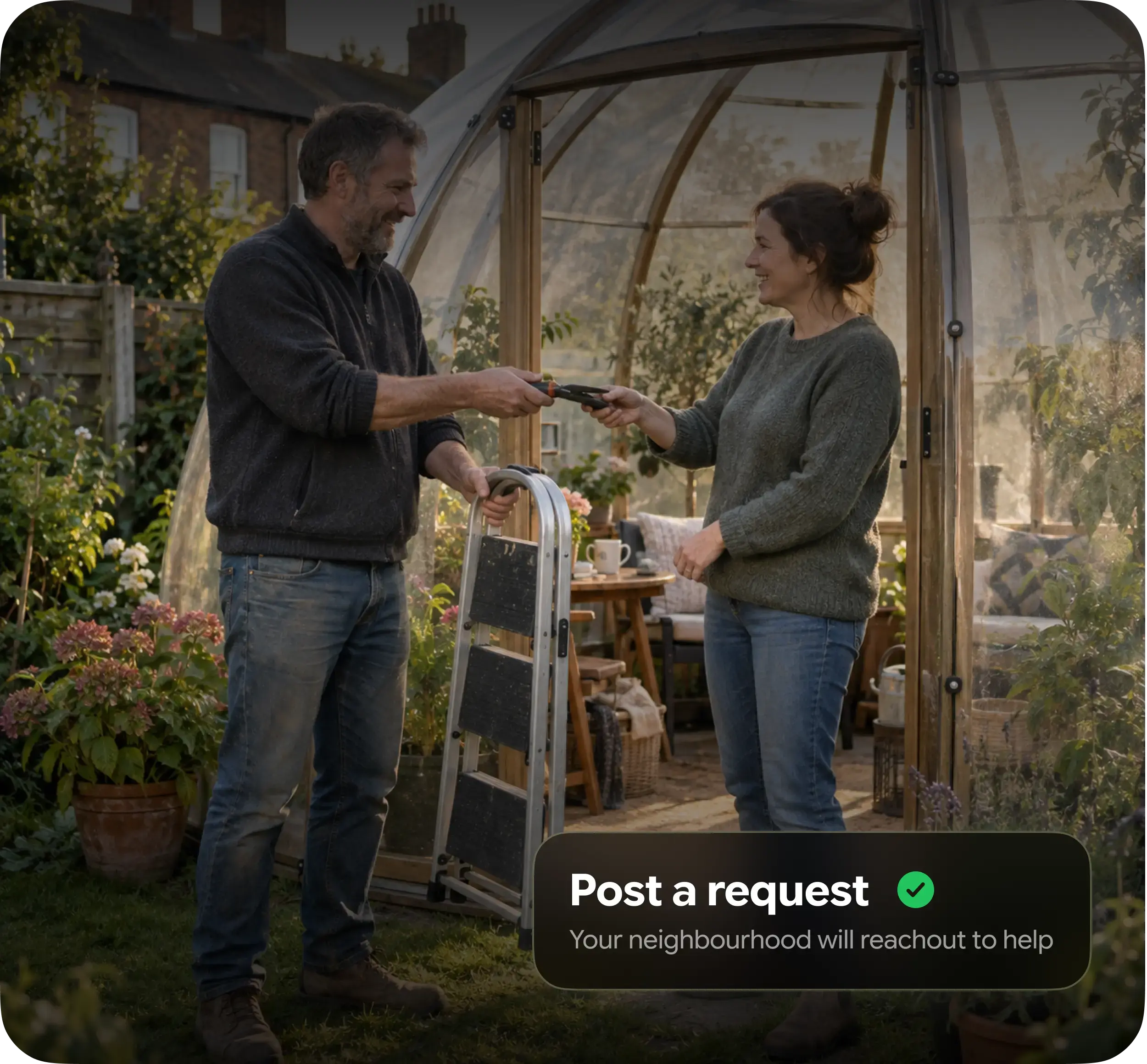 Neighbour lending a step ladder and garden tools to another neighbour, with the Glome help request posted