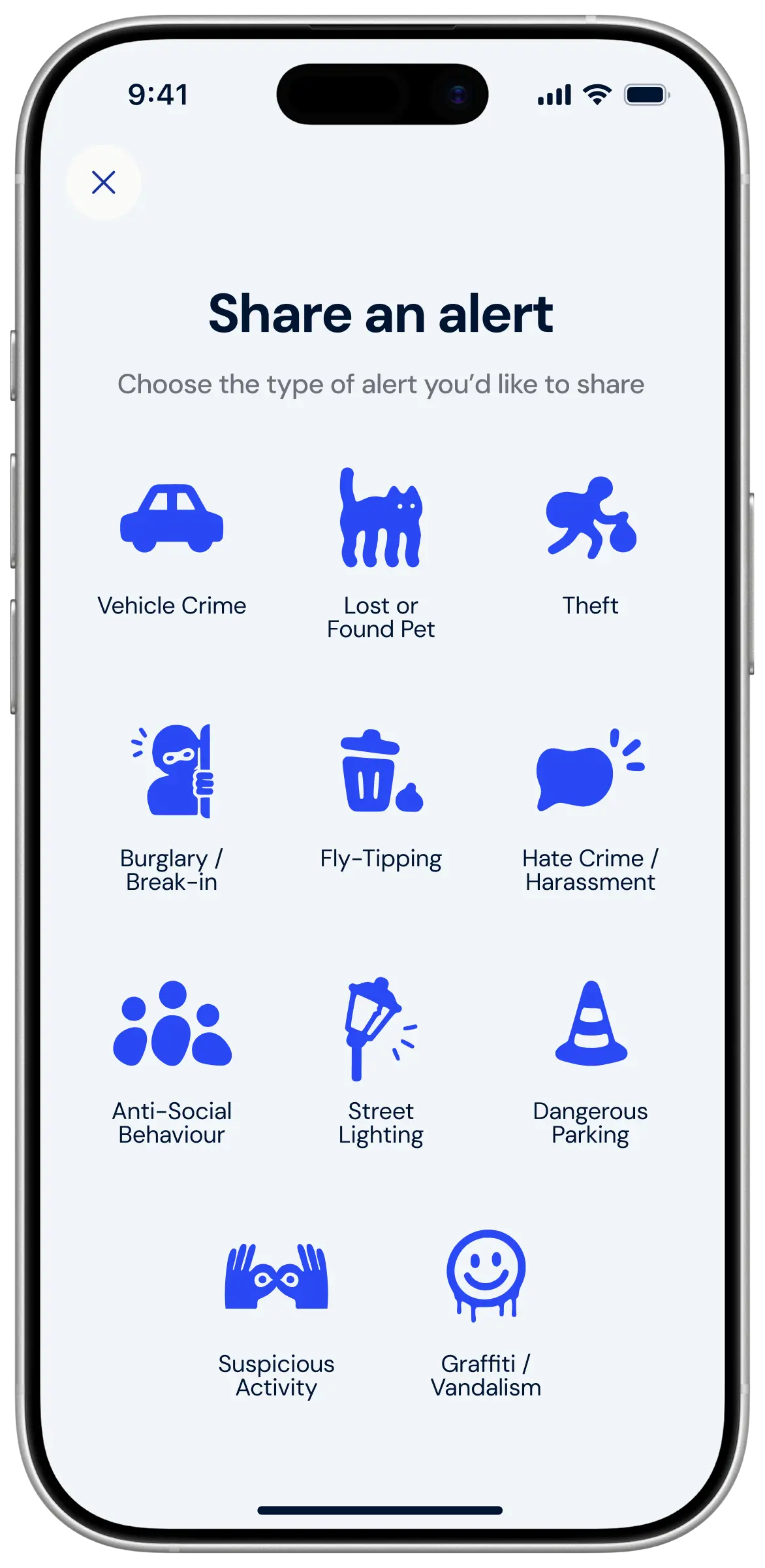 Glome app: Report incident. Choosing the type of incident to report