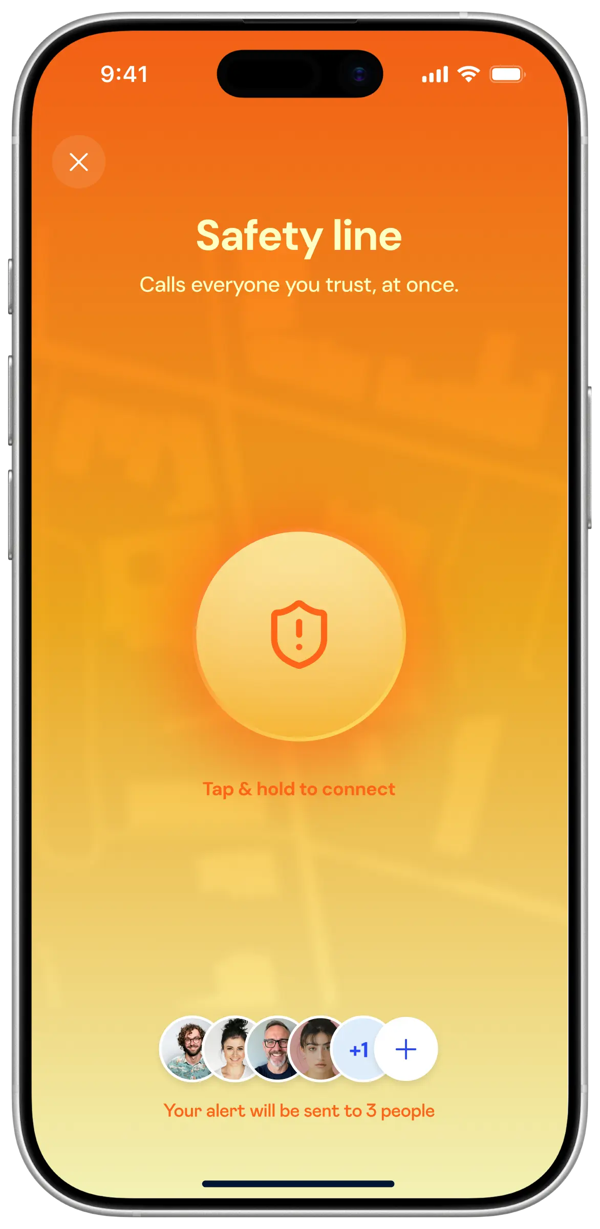 Glome app: Safety Line. Hold to connect to a safety officer