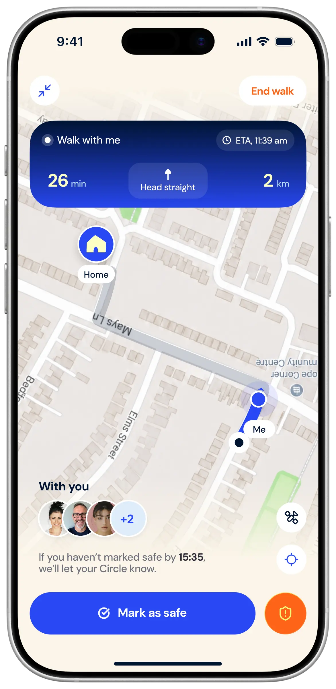 Glome app: Walk With Me. A live walk home shared with your trusted circle