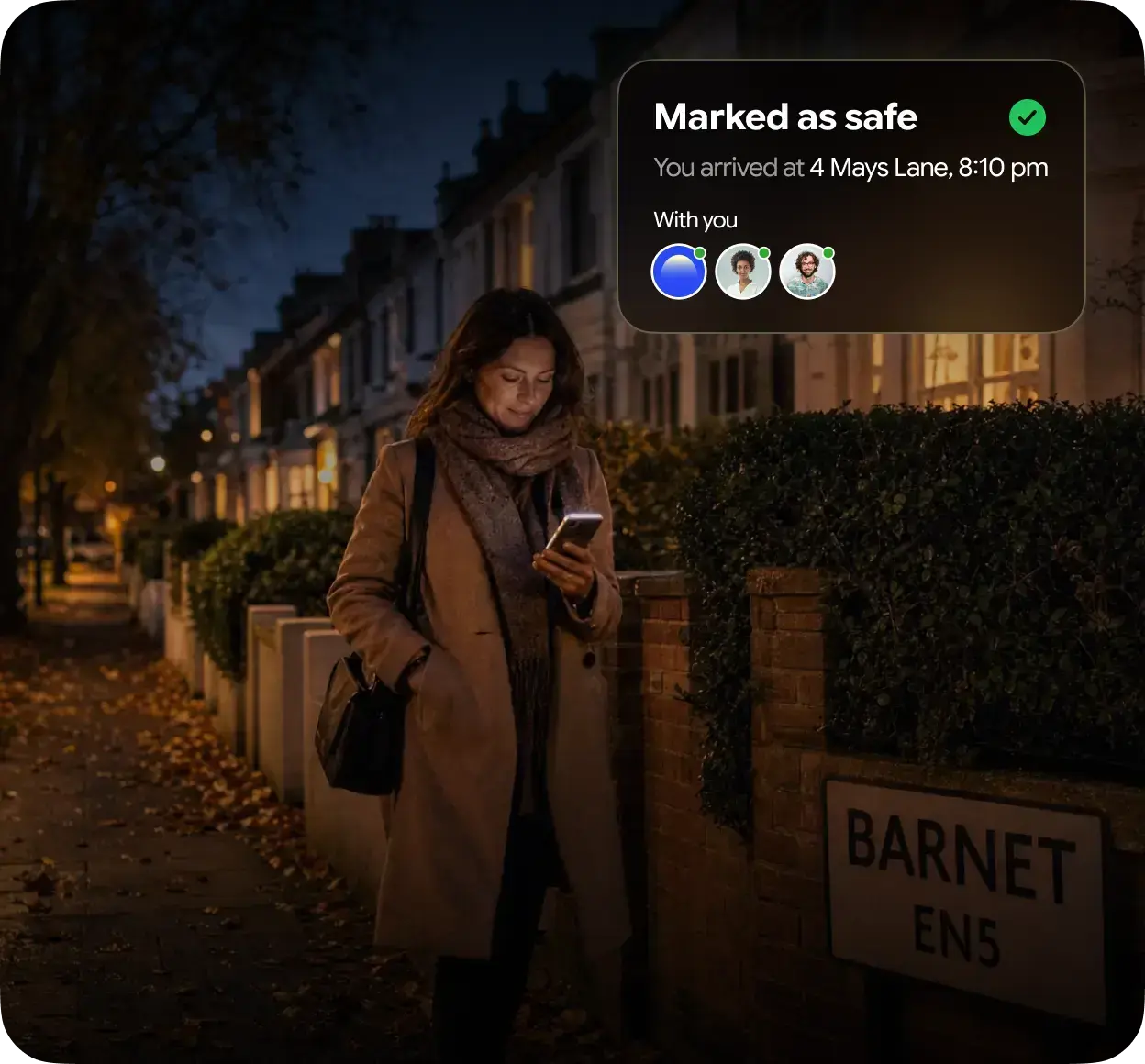 Someone sharing their walk home in Glome, marked safe on arrival while trusted contacts follow along
